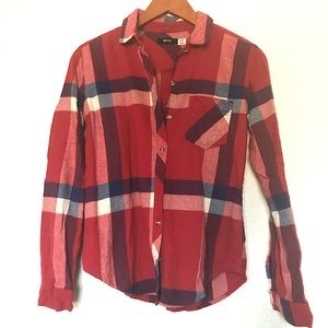UO Red Boyfriend Plaid Flannel Button Down
